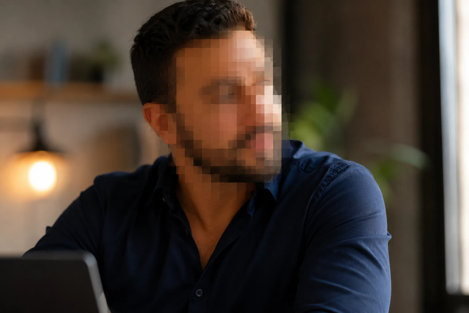 Carlyto at his desk, face blurred